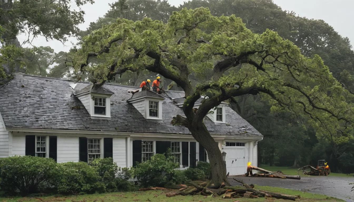 Provider crew clearing a fallen tree from a house roof in Lindenhurst after a storm