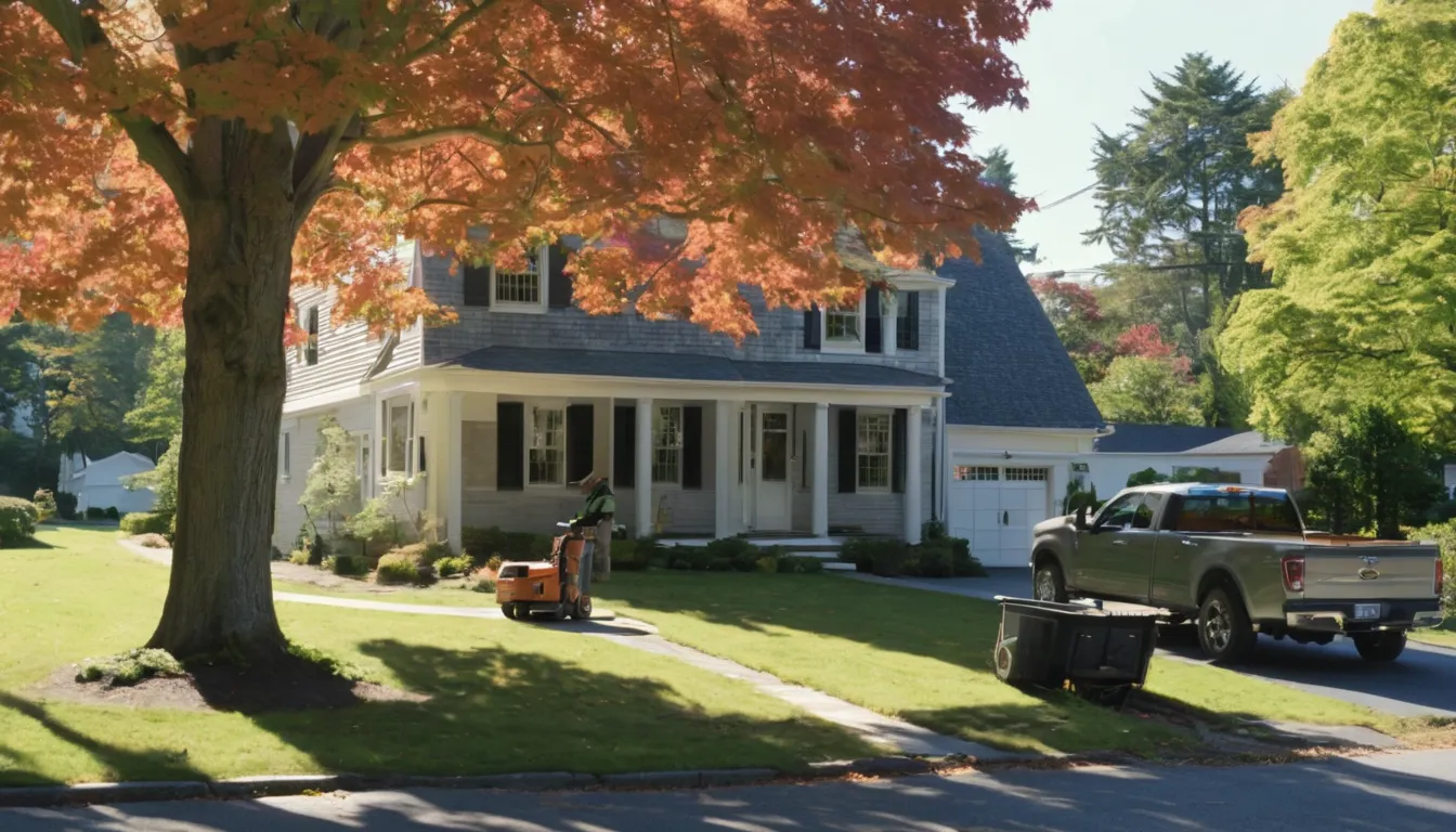 A tree removal provider working on a large tree beside a home in Lindenhurst